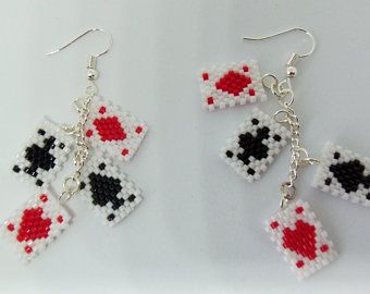 Card Game Earrings, Pearler Beads Pattern Earrings, Perler Bead Designs, Perler Beads Ideas, Seed Bead Tutorials, Art Perle, Brick Stitch Earrings, Seed Bead Patterns, Seed Bead Tutorial