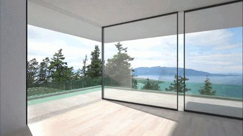 Vitrocsa.co.uk turnable glass windows, no electricity required. Simply slides along grooves in ceiling and floor, can stack into pockets in the wall, alongside the wall etc to completely open the space. Gorgeous and ingenious! [via ArchDaily] Smart Glass, Corner Window, Glass Walls, Window Types, Hidden Door, Empty Room, Modern Windows, Sliding Windows, House Beautiful