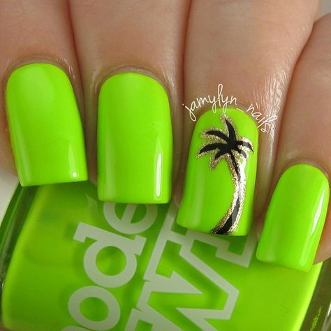 “ Talk about BRIGHT! This is 'Flip Flop' by @modelsownofficial. Two coats plus top coat. Super creamy and awesome... I love it so much! These are…” Green Palm Tree Nails, Green Beach Nails, Nails Palm Tree, Palm Tree Nail Art, Tree Nail Art, Palm Tree Nails, Beach Nail Designs, Neon Green Nails, Mani Ideas