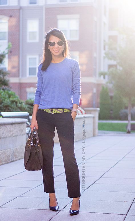 cornflower blue sweater, green striped belt, navy pants, o… | Flickr Nurse Practitioner Outfits, Summer Outfits Hat, Professional Office Outfit, Office Woman, Maternity Work Clothes, Work Outfit Inspiration, Romantic Classic, Breastfeeding Dress, Professional Work Outfit