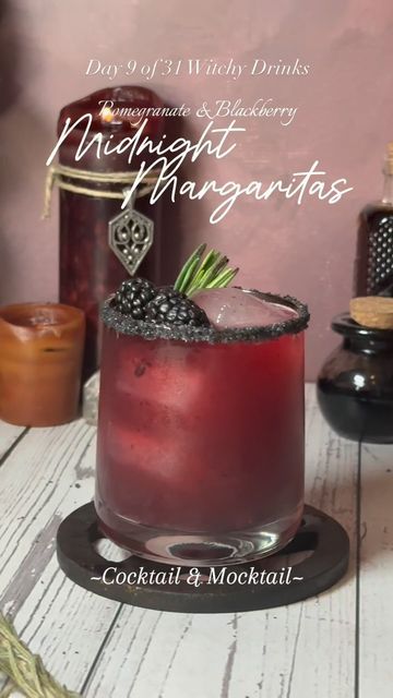 Julia Halina Hadas ( WitchCraft Cocktails ) on Instagram: "(Pomegranate) Midnight Margaritas - I originally crafted & shared this recioe end of June ‘24 but thought spooky season was the perfect time to post it again :) A more traditional, easy recipe is on the way but with a name like “Midnight” I wanted to first try a darker, witchy color & to use seasonal ingredients with a special connection to witchcraft.

With lavender for luck and rosemary for remembrance, you’ll fall in love with this luscious blackberry, agave, and pomegranate Midnight Margaritas recipe. This magic margarita doesn’t just have ingredients used in the movie, but also ones that correspond to themes of love, lust, purification, and abundance.

(Pomegranate) Midnight Margaritas 
~4 large blackberries (more for darker c Witchcraft Cocktails, Rosemary For Remembrance, Midnight Margaritas, Fruit Margarita, Soda Water, Agave Syrup, Pomegranate Juice, Margarita Recipes, Seasonal Ingredients