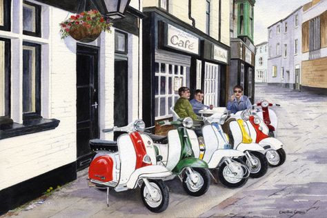 Life in the Fast Lane, Limited Edition, Scooter Print, Vespa, Lambretta, Mod Local Cafe, Black Cocker Spaniel, Mod Scooter, Swinging London, Lambretta Scooter, Vespa Lambretta, Lining Up, Vespa Vintage, Image Painting