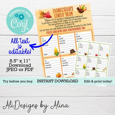 Thanksgiving Candy Gram flyer, EDITABLE template PTA PTO Fundraiser, Church event Candy gram squares, Fall event Turkey gram, Grateful grams Thanksgiving Candy, Candy Grams, Fundraiser Flyer, Fundraiser Ideas, Fall Events, Electronic Invitations, Different Fonts, You Used Me, Text You