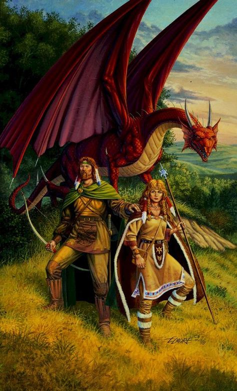 Dragonlance, Larry Elmore: Tanis Half-Elven, with Goldmoon Dragonlance Chronicles, Larry Elmore, Breathing Fire, Dungeons And Dragons Art, Forgotten Realms, Dnd Art, Fantasy Paintings, Fantasy Dragon, Fantasy Artist