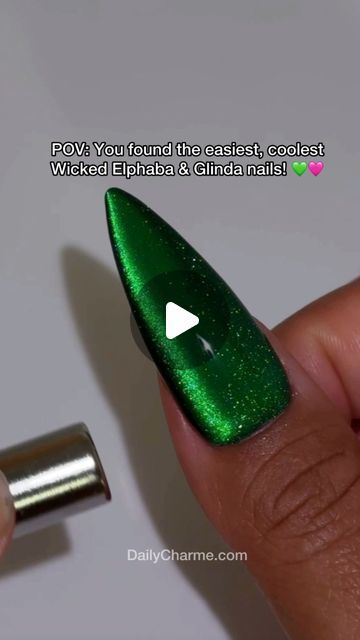 Daily Charme Official on Instagram: "POV: You just found the coolest & easiest ✨ peek-a-boo Wicked Nails tutorial 💖💚 Elphaba green meets Glinda pink in this magical design! Are you Team Good or Team Wicked? Vote below! 🧙‍♀️💅 Comment “WICKED” for a direct link to all the products you need to create this spellbinding look! 🔗  Save & share this inspo with your nail besties! 💖   Using @daily_charme: 💖 S30 Angel Quartz 🩷 305 Sweet Dreams 💚 710 Classic Green 💚 3-in-1 Emerald Green Magnetic Chrome 💖 5-in-1 Strengthening Gel 🩷 Diamond Shine Top Coat 💚 Strong Cat Eye Magnetic Cylinder 💚 08 Oval Brush 💖 Long Stiletto Clear Charme Gel Extension Tips  #chromenails #cateyenails #holonails #naildesigns #wickednails #diynails #fallnails #glitternails #nailinspo #halloweennails #gelnails #n Emerald Green Pedicure, Wicked Nails Designs, Wicked Movie Nails, Glinda Nails Wicked, Wicked Themed Nails, Green Nails Stiletto, Wicked Nail Designs, Wicked Nails Musical, Wicked Inspired Nails