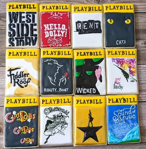 Broadway Themed Wedding, Broadway Wedding Theme, Broadway Themed Party Decoration, Broadway Cookies, Broadway Sweet 16, Musical Birthday Party, Broadway Wedding, Mini Bookcase, Theatre Cake