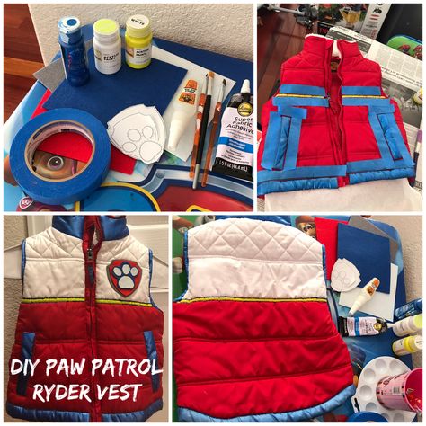 DIY Paw Patrol Ryder Vest- red vest with acrylic paint and a felt Paw badge. Perfect for Halloween! My son absolutely loves it! Paw Patrol Diy Costume, Ryder Paw Patrol Costume, Paw Patrol Halloween Costume, Diy Paw Patrol, Buzz Lightyear Halloween Costume, Paw Patrol Ryder, Paw Patrol Room, Family Themed Halloween Costumes, Paw Patrol Costume