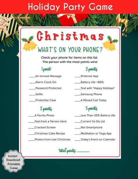 "Christmas What's on Your Phone Game, Office Christmas Printable Game, Work Party Game, Team Building, Coworker, Boss, Happy Hour Game, Christmas Printable Game, Christmas Party Game, Holiday, Christmas, Instant Download NO PHYSICAL PRODUCT WILL BE SHIPPED       ★ WHAT YOU GET ★  Christmas What's on Your Phone Game <2 PDF Files> 2 PDF Files with White Background :      * 1 game Card on 8.5x11 inch page      * 2 game Cards on 8.5 x 11-inch page with Crop marks ( easy cut!)       ★ GET THE BUNDLE ★ - 10 Christmas Games: https://www.etsy.com/listing/885117046/ - 8 Christmas Games: https://www.etsy.com/listing/874011888/ - 5 Christmas Games: https://www.etsy.com/listing/874027286/         ★ HOW TO O R D E R★  1. Purchase this game  2. Download the file you want. You can download the file on th Christmas Holiday Games For Adults, Christmas Hosting Ideas Fun Games, Red Solo Cup Games, Holiday Games For Work, Corporate Christmas Party Ideas, Work Christmas Party Games, Phone Printable, What's On Your Phone Game, Work Party Games