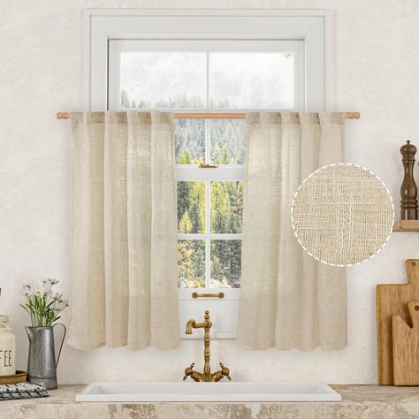 PRICES MAY VARY. Package Includes: Include 2 linen curtains, each light filtering burlap neutral curtain measures 34" W x 36" L (68" wide total). With 5 back tabs and 3” rod pocket fits most standard rods and makes the maximum coverage of windows. Linen Textured: Our Linen curtains are made of 20% Linen & 80% Polyester, give it a more Linen and organic look, with a slightly uneven surface that adds character and depth to the fabric. Also decorate your room elegant and chic, suitable for the livi Neutral Curtain, Neutral Drapes, Modern Kitchen Curtains, Bathroom Loft, Cafe Curtains Kitchen, Neutral Curtains, Kitchen Window Curtains, Small Window Curtains, Basement Windows