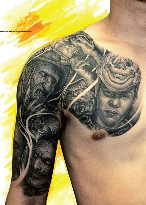 Horror half sleeve Horror Movie Tattoos Sleeve, Scary Movie Tattoos, Chest Tattoo Quotes, Horror Movie Tattoos, Mexican Tattoo, Monster Tattoo, Tattoos Sleeve, Movie Tattoos, Cool Chest Tattoos