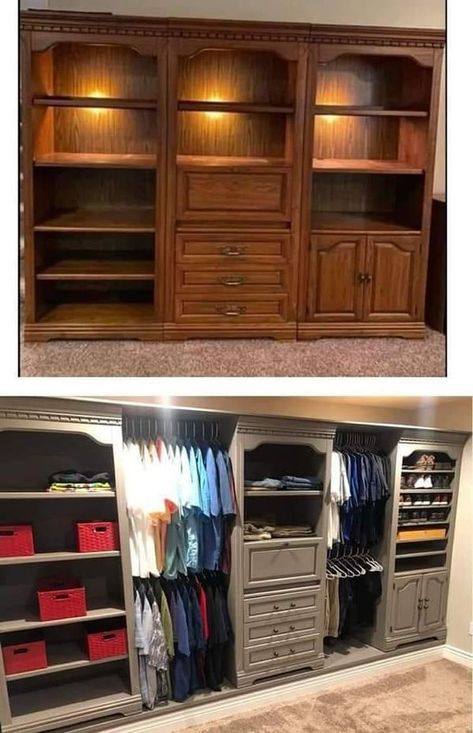 Recycle, Reuse and Repurpose! | I thought this was a beautiful way to turn these cabinets into closet shelves. | Facebook Closet Repurpose, Repurposed Closet, Upcycled Furniture Repurposed, Closet Upcycle, Diy Closets, Repurposed China Cabinet, Old Furniture Makeover, Redone Furniture, Repurposed China