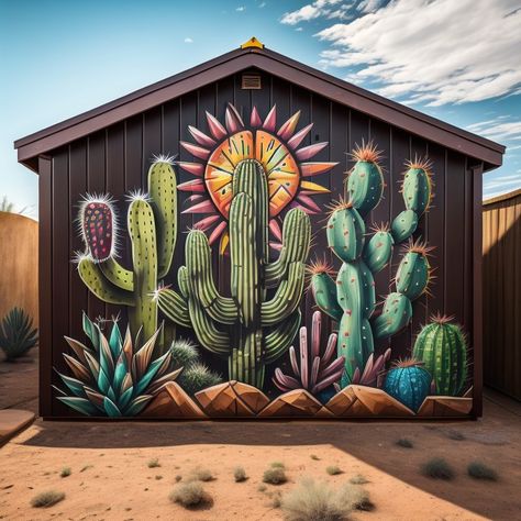 Mexican Exterior Design, Aztec Wall Mural, Building Mural Ideas, Western Wall Murals Paintings, Mural On Side Of House, Mural On Metal Building, Western Mural Ideas, Cactus Wall Painting, Outdoor Murals Backyards