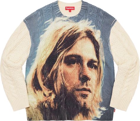 Kurt Cobain Sweater - Spring/Summer 2023 Preview – Supreme Kurt Cobain Sweater, Supreme Sweater, White Jumper, Beaded Sweater, Men's Sweaters, Cable Knit Jumper, Onitsuka Tiger, Hot Sneakers, White Brand