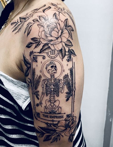 Embassy Tattoo - floral empress tarot tattoo, tarot, foliage, occult, skeleton Tarot Card Tattoo, Tarot Tattoo, Empress Tarot, Skeleton Tattoo, Card Tattoo Designs, Occult Tattoo, Witch Tattoo, Skeleton Tattoos, Muster Tattoos