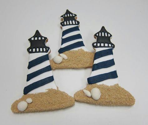 Lighthouse Cookies - I have make these now that I have a lighthouse cookie cutter! Lighthouse Cookies Decorated, Nautical Cookies Decorated, Lighthouse Cookies, Ocean Cookies, Nautical Cookies, Sea Cookies, Cookies Summer, Beach Cookies, Lighthouse Beach