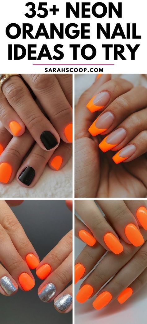 Brighten up your style with these 35+ neon orange nail designs. They're perfect for summertime or to add a pop of color in the colder months. #NailArt #NeonNails #NailDesigns Neon Halloween Nails Short, Orange Nails Black Tips, Black White And Orange Nails, Orange And Black Nails Ideas, Neon Orange Halloween Nails, Black Nails With Orange Tips, Orange And Black French Tip Nails, Black And Orange Nails Ideas, Neon Fall Nails