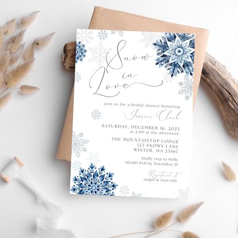 ✩ PURCHASE 3 PRODUCTS AND SAVE 25%. ENTER CODE SAVE25 AT CHECKOUT ✩ This seasonal "Snow in Love" themed Bridal Shower invitation is an editable digital template download. Customize for your special day with editable text, colors and fonts. The invitation features a lovely classic winter design with blue and gray snowflakes and a flowing script font. A perfect way to invite friends and family to your shower. Please note all text is editable except for the script verbiage "Snow in Love". After you Bridal Shower Theme Winter, Snow In Love Bridal Shower Theme, Snow In Love Invitation, Christmas Wedding Shower Invitations, Winter Bridal Shower Themes, Holiday Bridal Shower Invitations, Winter Wonderland Bridal Shower Invites, Winter Bridal Shower Invitations, Wedding Shower Signs