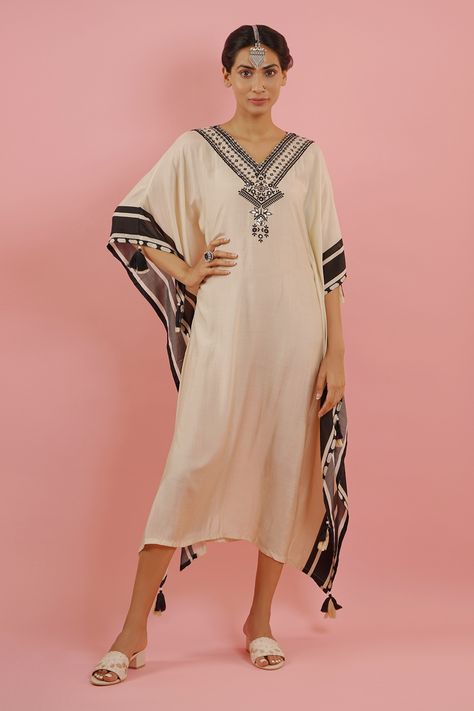 Shop for Avaha Ivory Muslin Floral Print Draped Kaftan for Women Online at Aza Fashions Kaftan For Women, Print And Embroidery, Embroidery Floral, Aza Fashion, Floral Embroidery, Kimono Top, Types Of Sleeves, Cover Up, Floral Print