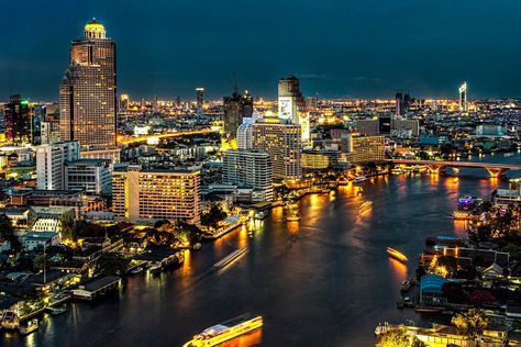 Bangkok, Thailand (by Dave_O1) Bangkok At Night, River At Night, Chao Phraya River, Night Landscape, Top Floor, Rooftop Pool, Phnom Penh, Cool Pools, Bangkok Thailand