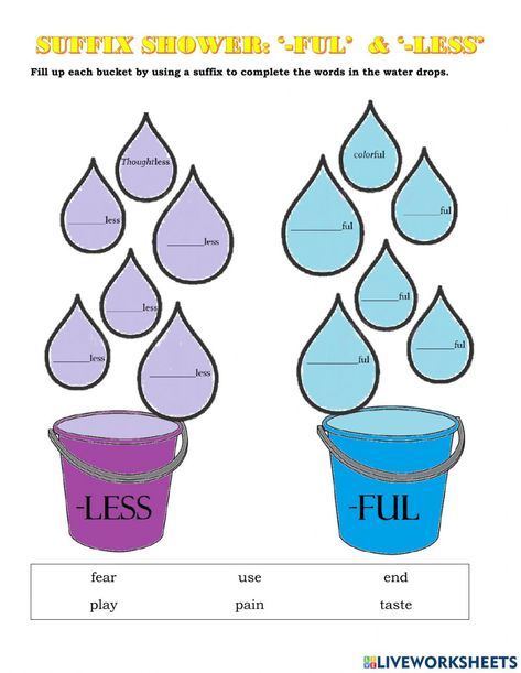 Suffixes Ful And Less Worksheets, Suffix Tion, Prefixes Activities, Teaching Punctuation, Suffix Activities, Prefix Worksheet, English Poems For Kids, Suffixes Worksheets, Singular Nouns