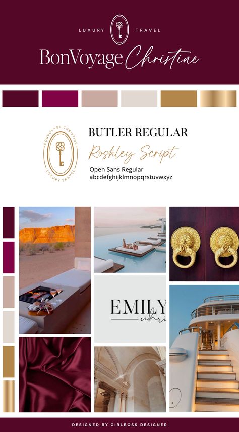 Glamorous and Bold Shades of Magenta, Neutral, and Gold Branding for Luxury Travel Advisor | BonVoyage Christine Bold Photography, Shades Of Magenta, Brand Colors Inspiration, Brand Palette, Business Branding Inspiration, Gold Color Palettes, Travel Advisor, Neutral Color Palette, Create A Brand