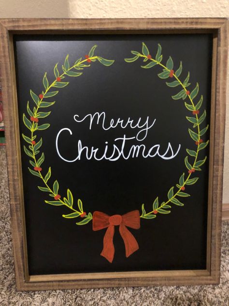 Christmas Wreath Chalkboard Art, Window Christmas Chalk Art, Simple Christmas Chalkboard Art, Wreath Chalkboard Art, Chalkboard Boarders, Christmas Chalkboard Ideas, Merry Christmas Chalkboard, Christmas Cubicle, Christmas Chalkboard Art