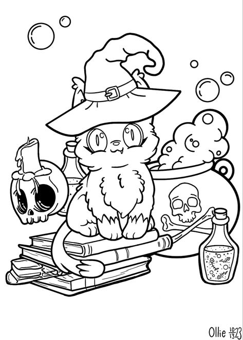 Witch cat coloring page to print out and color :) Halloween Coulering Pages, Coloring Pages Halloween Adult, Cute Coloring Pages Halloween, Witch Coloring Pages Free Printable, Scorpio Coloring Pages, Creepy Kawaii Coloring Pages, Creepy Coloring Pages For Grown Ups, Spooky Cute Coloring Pages, Cute Witch Coloring Pages