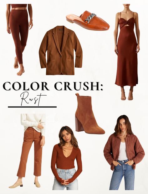 Terracotta Fall Outfits, Rust Colored Outfits, Rust Outfits For Women, Rust Color Dress Outfit, Rust Color Outfits, Rust Outfit Color Combos, Rust Colored Pants Outfit, Rust Clothing, Rust Sweater Outfit