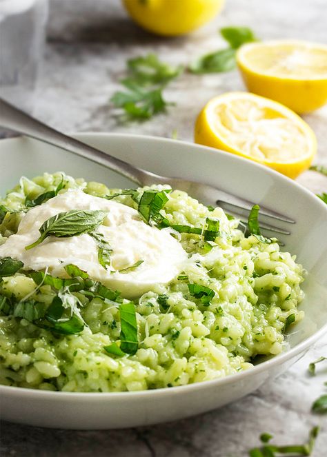 Lemon Basil Risotto with Burrata - Just a Little Bit of Bacon Italian Main Course, Pesto Risotto, Basil Risotto, Risotto Dishes, Vegetarian Main Course, Lemon Basil, Risotto Recipes, Basil Pesto, Rice Dishes