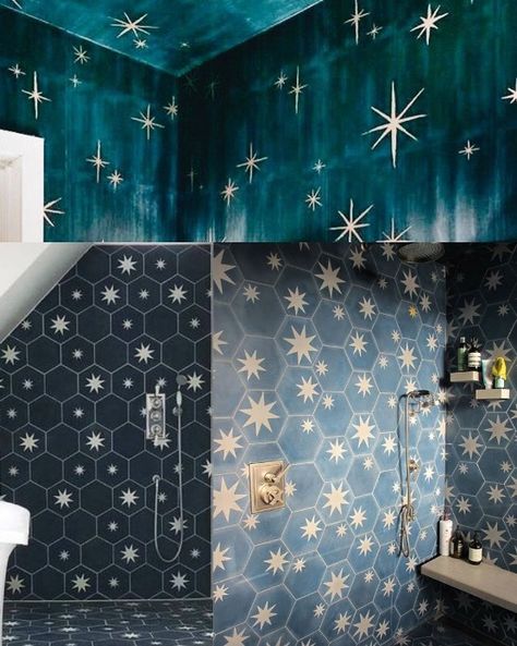 North star bathroom. Blue Star Bathroom, Starry Bathroom Ideas, Night Sky Bathroom, Starry Bathroom, Stars Bathroom, Celestial Bathroom, Star Bathroom, Im Coming Home, Beach Bungalow