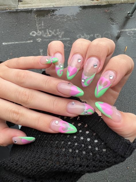 Pink green heart acrylic nails gems Green Almond Acrylic Nails Designs, Pastel Pink And Green Nails Acrylic, Green N Pink Nails, Txt Acrylic Nails, Twice Concert Nails, Pink Green And White Nails, Green Pink Nail Art, Nail Green And Pink, Green And Pink Almond Nails