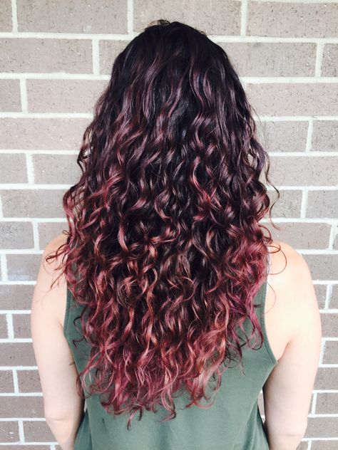 Curly Balayage Hair Red, Rose Gold Highlights Curly Hair, Pink Highlights In Brown Curly Hair, Rose Gold Balayage Brunettes, Curly Balayage Hair, Rose Highlights, Long Hair Color Ideas, 2024 Haircut, Rose Gold Hair Brunette