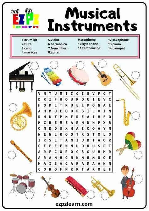 Music Word Search, Musical Instruments For Kids, Word Puzzles For Kids, Music Class Activities, Free Printable Word Searches, English Exercises, Music Worksheets, English Games, Music Words