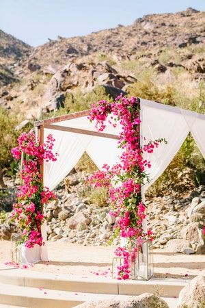 A romantic desert wedding with pops of color from natural fuschia bougainvillea florals to the royal blue glassware and the bright blue of the groom's tux. The whole day had a playful and laid back feel. Desert Wedding Chuppah, Amalfi Theme, Beach Wedding Ceremony Arch, Bougainvillea Wedding, Floral Backdrops, Wedding Stand, Wedding Chuppah, Haldi Decor, Pink Wedding Inspiration