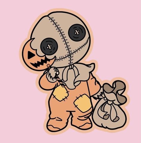 Halloween Art Cartoon, Chibi Horror Movie Characters, Horror Movie Cartoon Art, Spooky Cartoon Drawing, Halloween Cartoon Painting, Cartoon Halloween Drawings, Sam Trick R Treat Drawing, Halloween Artwork Drawing, Horror Cartoon Drawing