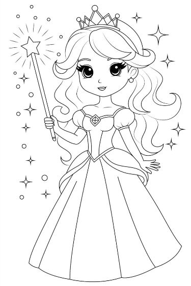 Chibi princess coloring page featuring a young girl with long flowing hair, wearing a pink dress and a tiara. She is holding a magical wand in her hand and is surrounded by flowers. This coloring page is perfect for kids of all ages who love to.  #ChibiPrincess #PrincessColoringSheets #ChibiColoringPages #MagicalWand Princess Coloring Pages For Kids, Chibi Princess, Princess Coloring Sheets, Chibi Coloring Pages, Magical Wand, Disney Princess Colors, Free Kids Coloring Pages, Disney Princess Coloring Pages, Barbie Coloring