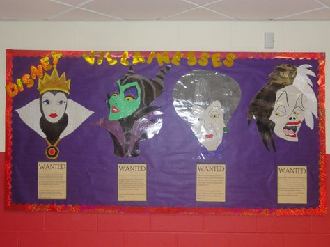 Disney Villainesses Bulletin Board for Story Walk at school....I can make any character you want..visit my teachers pay teachers store!! Disney Writing, Intermediate Classroom, Disney Lessons, Writing Bulletin Boards, Disney Themed Classroom, Bulletin Board Design, October Ideas, Disney Classroom, Resident Adviser