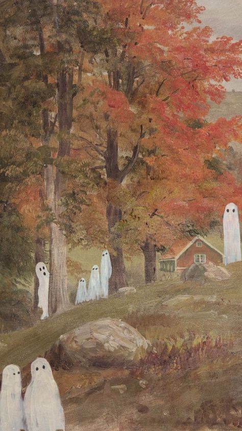 #fall #ghosttrend #ghost #fallaesthetic Ghost Painting Wallpaper, Gloomy Fall Aesthetic Wallpaper, Autumn Ghost Wallpaper, Winter Fall Wallpaper, Christmas Ghost Wallpaper, Vintage Halloween Aesthetic Wallpaper, Autumn Nostalgia, Ghost Background, App Photos