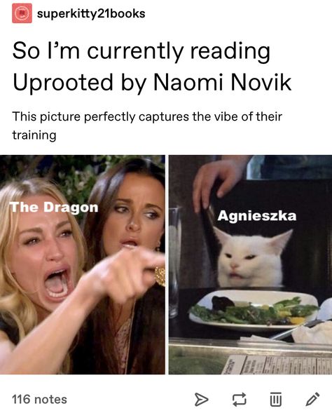 Uprooted Naomi Novik Fanart, The Darkest Part Of The Forest Fanart, Uprooted Fanart, Uprooted Naomi Novik, Book Memes Funny, Naomi Novik, Spinning Silver, Literary Memes Funny, Memes About Book Readers