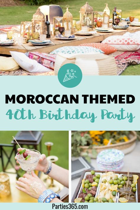 This fabulous Moroccan Themed 40th Birthday Dinner Party is full of inspiration to create a backyard party to remember! With bright and bold decorations, delicious food and drinks, this outdoor Arabian Nights milestone birthday party has must see ideas! 40th Birthday Dinner Party, 40th Birthday Dinner, Moroccan Theme Party, Arabian Nights Party, Backyard Dinner Party, Unique Party Themes, Moroccan Party, Milestone Birthday Party, Adult Party Themes