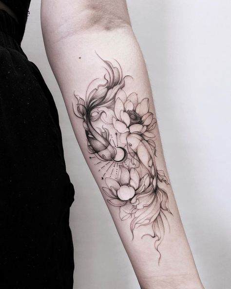 Koi Ying Yang Tattoo, Pisces Sleeve Tattoo, Koi With Lotus Tattoo, Whimsical Forearm Tattoo, Koi Fish Tattoo Lotus Flower, Fish Flower Tattoo, Lotus And Koi Fish Tattoo, Koi Fish Sleeve, Koi Mandala Tattoo