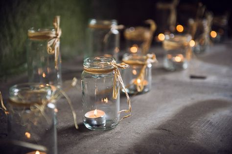 Claire and Andrew’s secluded woodland wedding with rustic chic handmade details, giants tipis and festoon lighting Jar Candles Wedding, Jam Jar Wedding, Teepee Wedding, Tea Light Lanterns, Rustic Style Wedding, Lantern Designs, Glitter Balloons, Jam Jars, Jar Lanterns