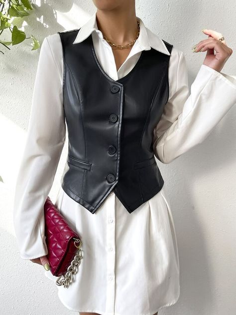 Waistcoat Outfit Women, Leather Vest Outfit, Waistcoat Outfit, Vest Outfits For Women, Leather Waistcoat, Women Blazers, Vest Blazer, Vest Outfits, Casual Blazer