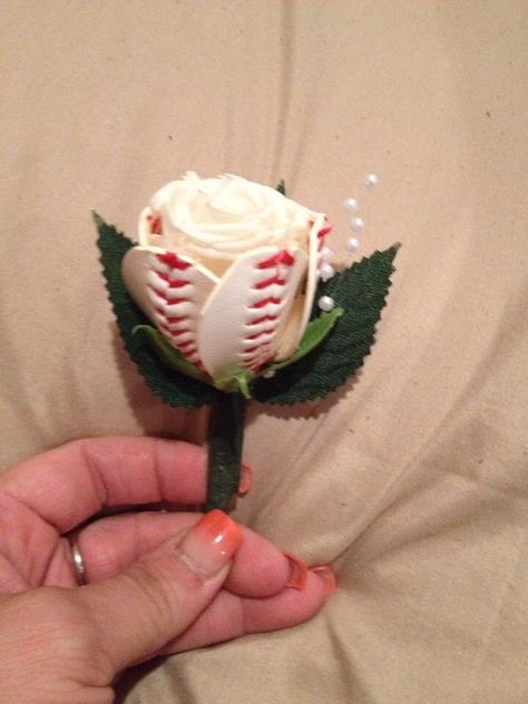 Baseball Boutonnière Baseball Boutonniere Diy, Baseball Flowers Diy, Baseball Roses Diy How To Make A, Baseball Boutonniere, Softball Wedding, Baseball Flowers, Baseball Banquet, Flowers At Wedding, Homecoming Flowers