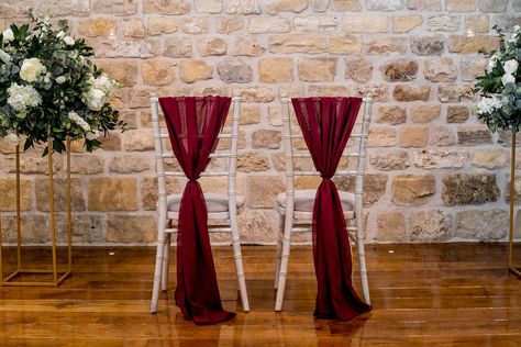 Burgundy Chiffon Chair Sash, Bride Groom Chairs, Chair Sash, Chair Decor, Chair Decorations, White Rose, White Roses, Bride Groom, Something New