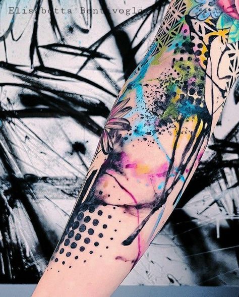 Black And Gray Watercolor Tattoo, Feminine Trash Polka Tattoo, Splatter Tattoo Ideas, Abstract Women Tattoo, Abstract Tattoo For Women, Watercolor Sleeve Tattoo, Abstract Watercolor Tattoo, Paint Splatter Tattoo, Tie Dye Tattoo