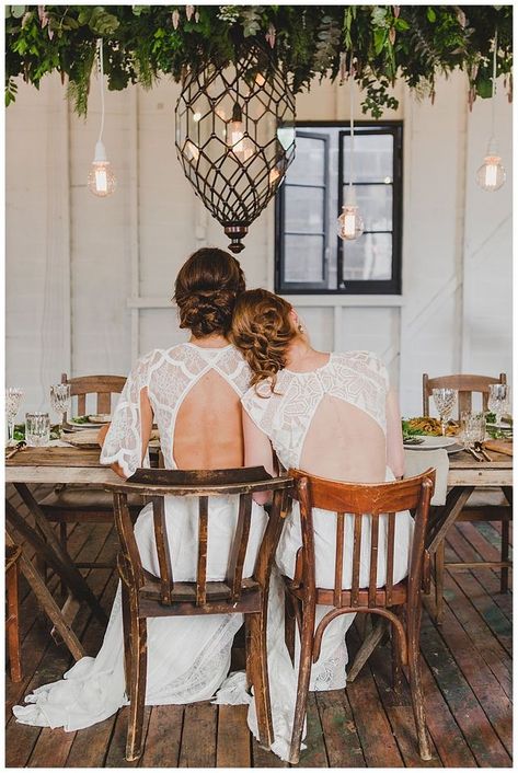 Feast Wedding, Greenery Installation, Lesbian Wedding Photography, Fancy Wedding Cakes, Eat Drink And Be Merry, Romantic Wedding Receptions, Wedding Reception Photography, Two Brides, Romantic Wedding Photos