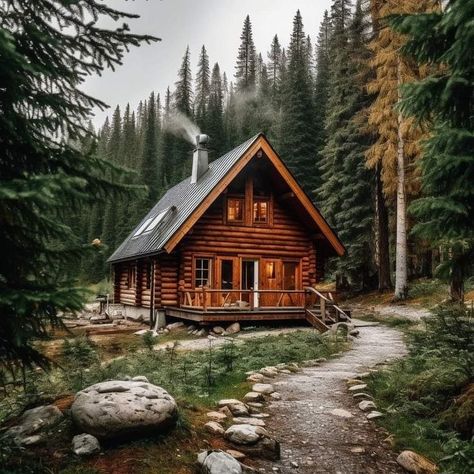 Eugene Bethany - Amazing cabin ☘️ Log Cabin Photography, Vintage Cabin Exterior, Cabins And Cottages In The Woods, Tile Fireplace Ideas, Small Rustic Cabin, Small Cabin In The Woods, Black Tile Fireplace, Cabin In Woods, Wood Cabins