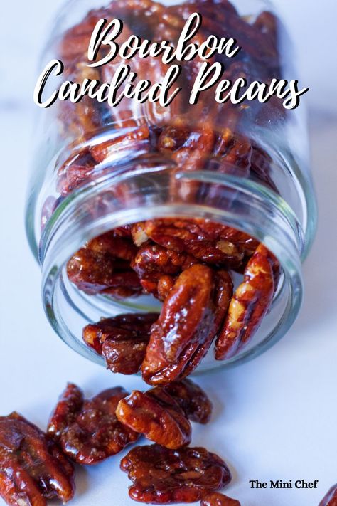 Elevate your nuts game with these quick and delicious bourbon candied pecans! These pecans are coated in brown sugar, cinnamon, and bourbon, and are perfect as a topping for your favorite desserts and super addictive as a snack! #bourbon #pecans #candiedpecans #easyrecipe #snack Bourbon Candied Pecans, Bourbon Pecans, Drunken Desserts, Bar Nuts, Seasoned Nuts, Candied Pecans Recipe, Flavored Nuts, Small Bites Appetizers, Healthier Sweets