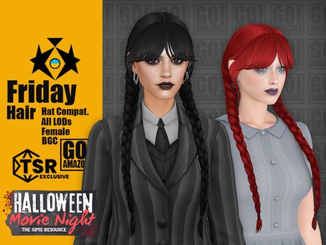 Sims 4 Wednesday, Braids With Bangs, Double Braids, Amazon Hair, 4 Braids, Halloween Movie Night, Wednesday Adams, Goth Hair, Double Braid